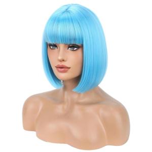 Kids Black Wig Child Black bob Wig Short Black Wig for Girls Cosplay Party Synthetic Rose Net Daily Wear Wig (Black)(Sky Blue)