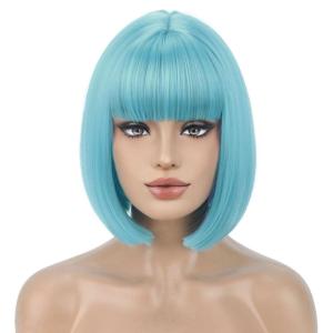 Kids Black Wig Child Black bob Wig Short Black Wig for Girls Cosplay Party Synthetic Rose Net Daily Wear Wig (Black)(Teal Blue)
