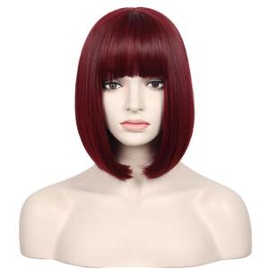 Kids Black Wig Child Black bob Wig Short Black Wig for Girls Cosplay Party Synthetic Rose Net Daily Wear Wig (Black)(Wine Red)