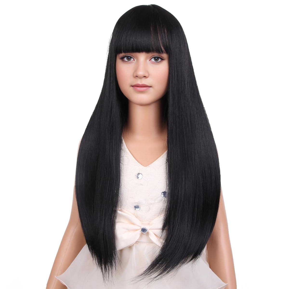 image:imageLong Black Wig with Bangs for Kids Girls Black Straight Long Wigs Synthetic Cosplay Party Synthetic Rose Net WigBlack
