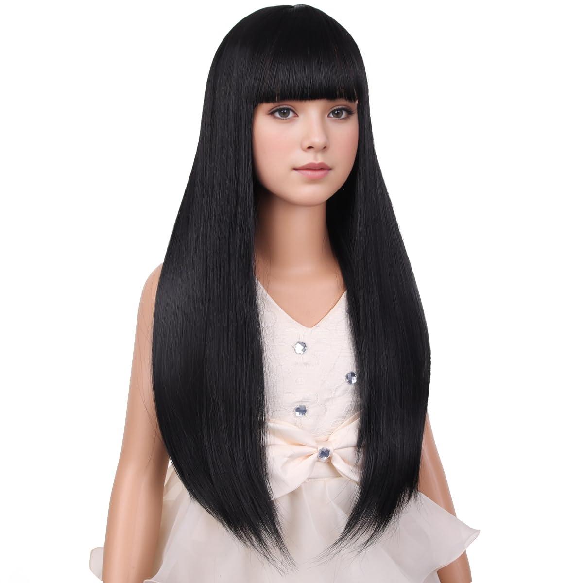 image:imageLong Black Wig with Bangs for Kids Girls Black Straight Long Wigs Synthetic Cosplay Party Synthetic Rose Net WigBlack