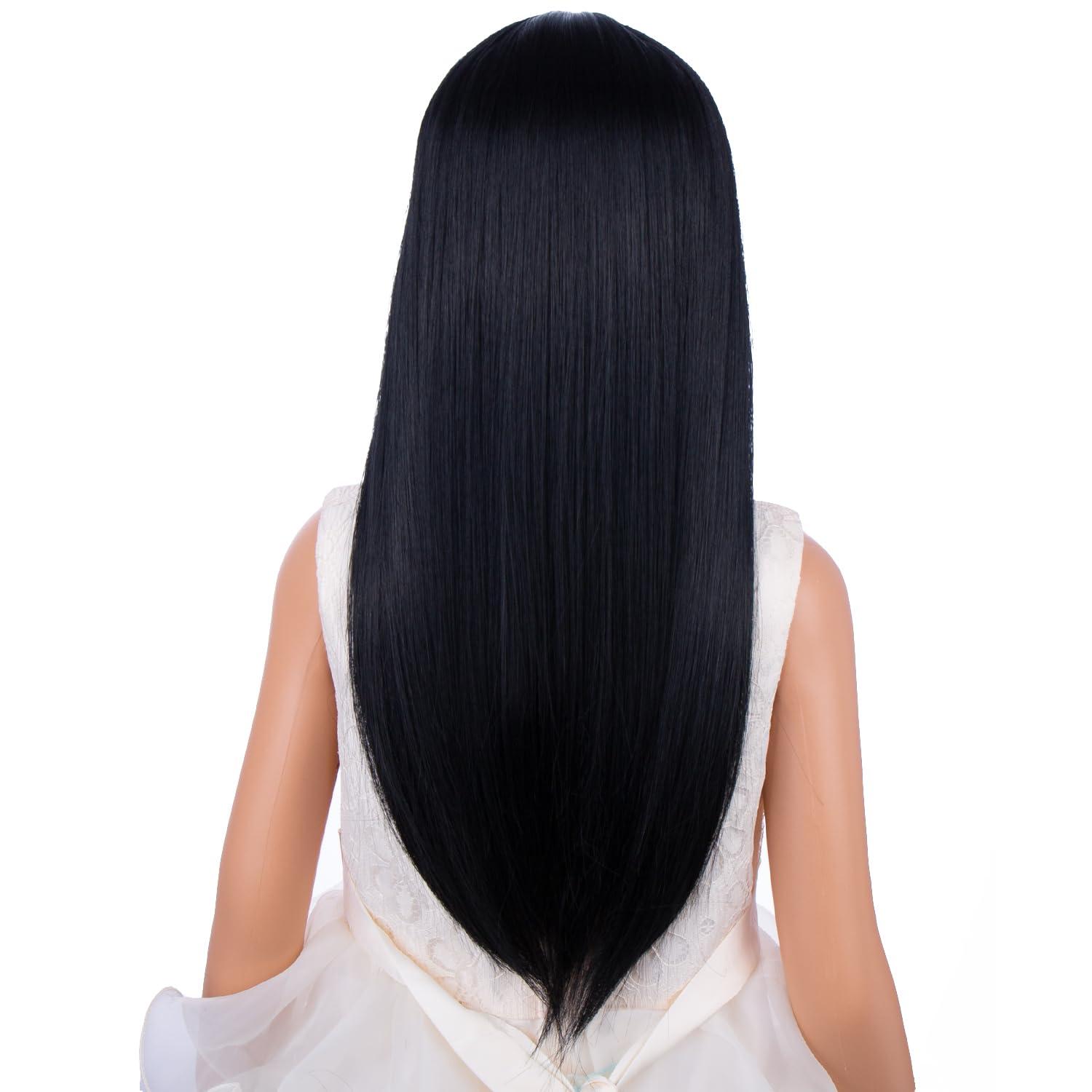 image:imageLong Black Wig with Bangs for Kids Girls Black Straight Long Wigs Synthetic Cosplay Party Synthetic Rose Net WigBlack