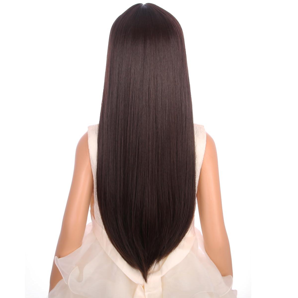 image:imageLong Black Wig with Bangs for Kids Girls Black Straight Long Wigs Synthetic Cosplay Party Synthetic Rose Net WigBrown