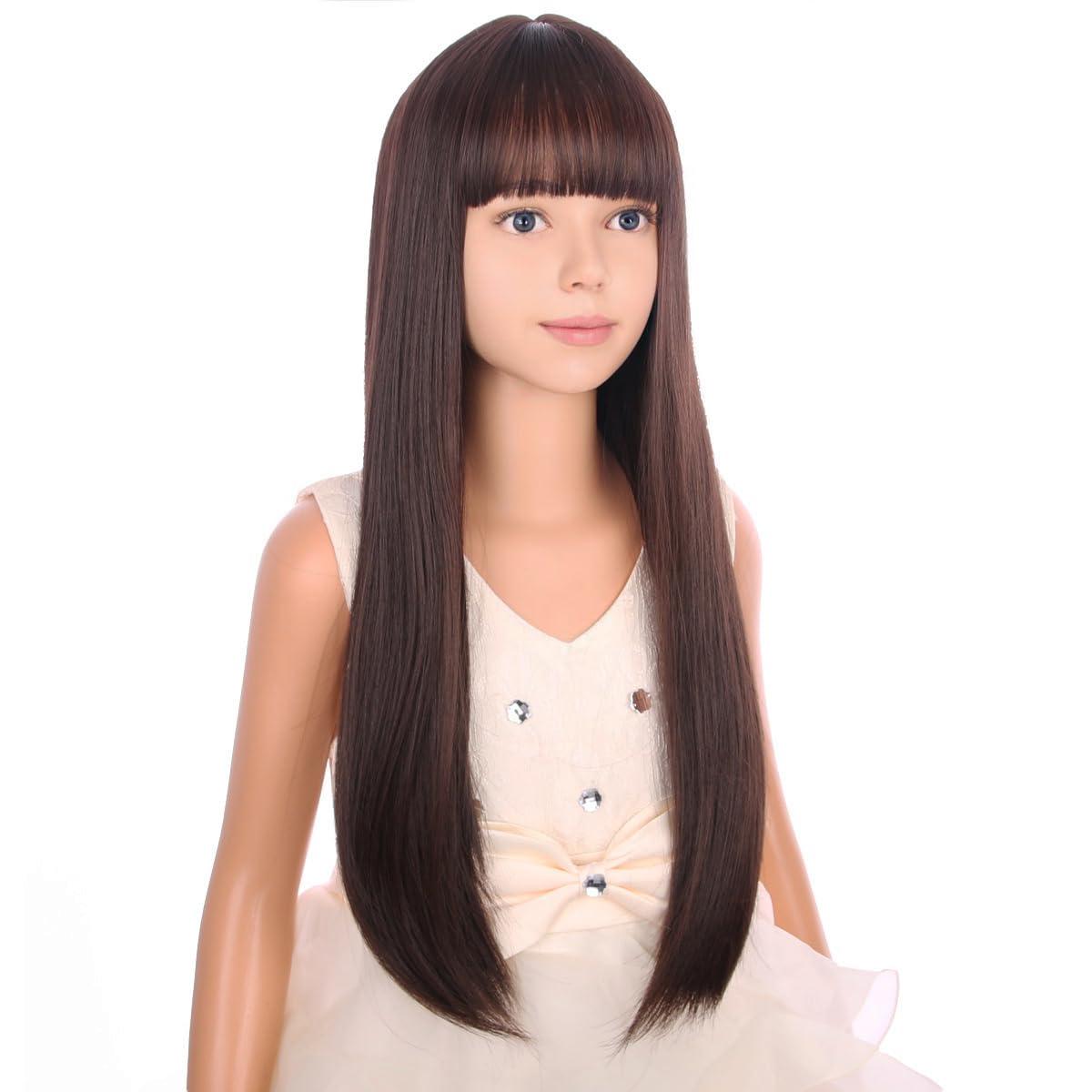 image:imageLong Black Wig with Bangs for Kids Girls Black Straight Long Wigs Synthetic Cosplay Party Synthetic Rose Net WigBrown
