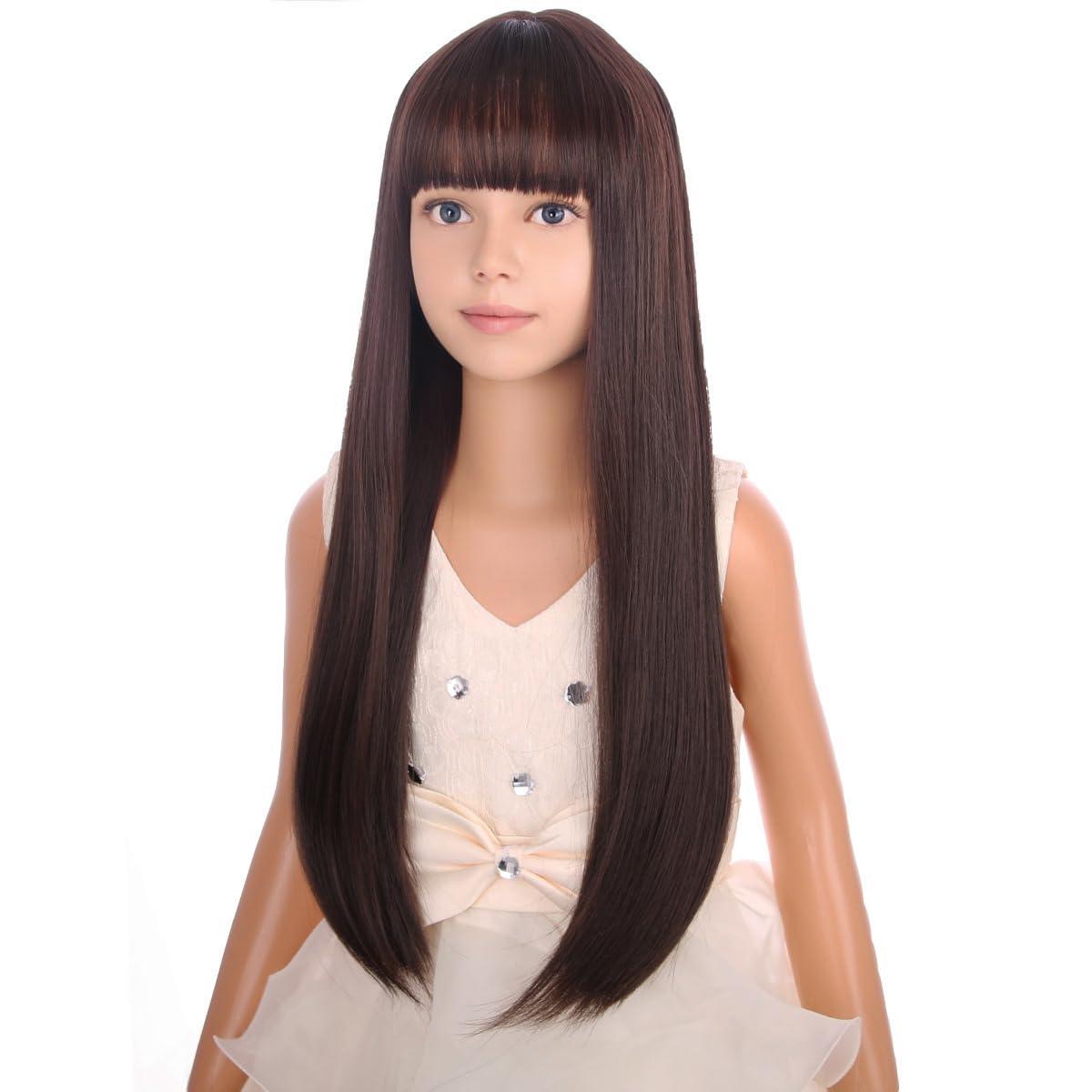 image:imageLong Black Wig with Bangs for Kids Girls Black Straight Long Wigs Synthetic Cosplay Party Synthetic Rose Net WigBrown