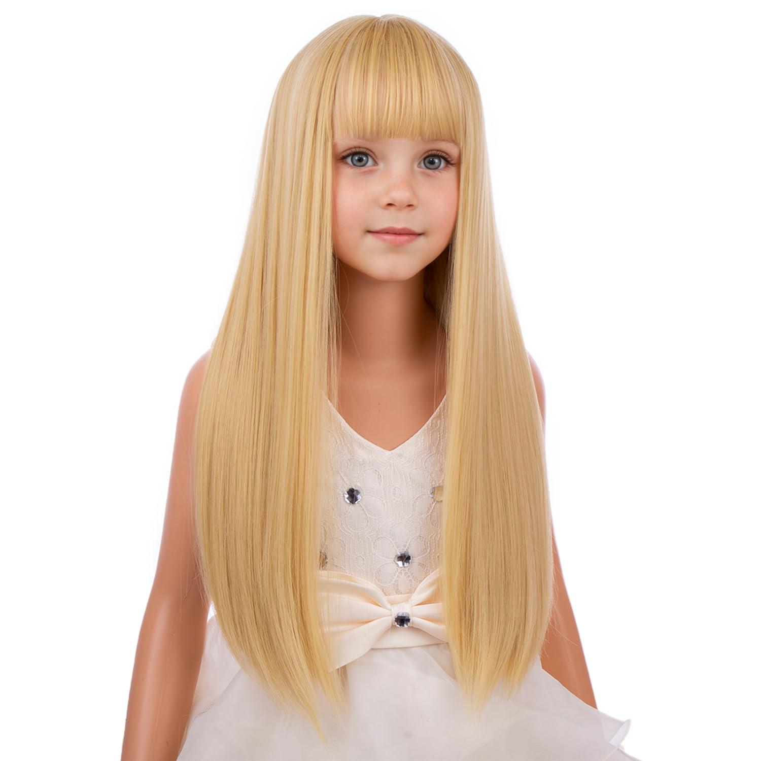 image:imageLong Black Wig with Bangs for Kids Girls Black Straight Long Wigs Synthetic Cosplay Party Synthetic Rose Net WigMixed Blonde