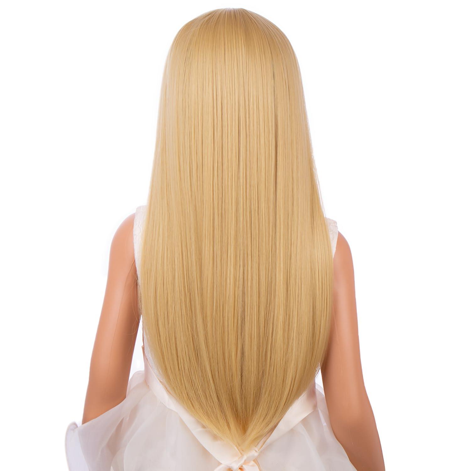 image:imageLong Black Wig with Bangs for Kids Girls Black Straight Long Wigs Synthetic Cosplay Party Synthetic Rose Net WigMixed Blonde