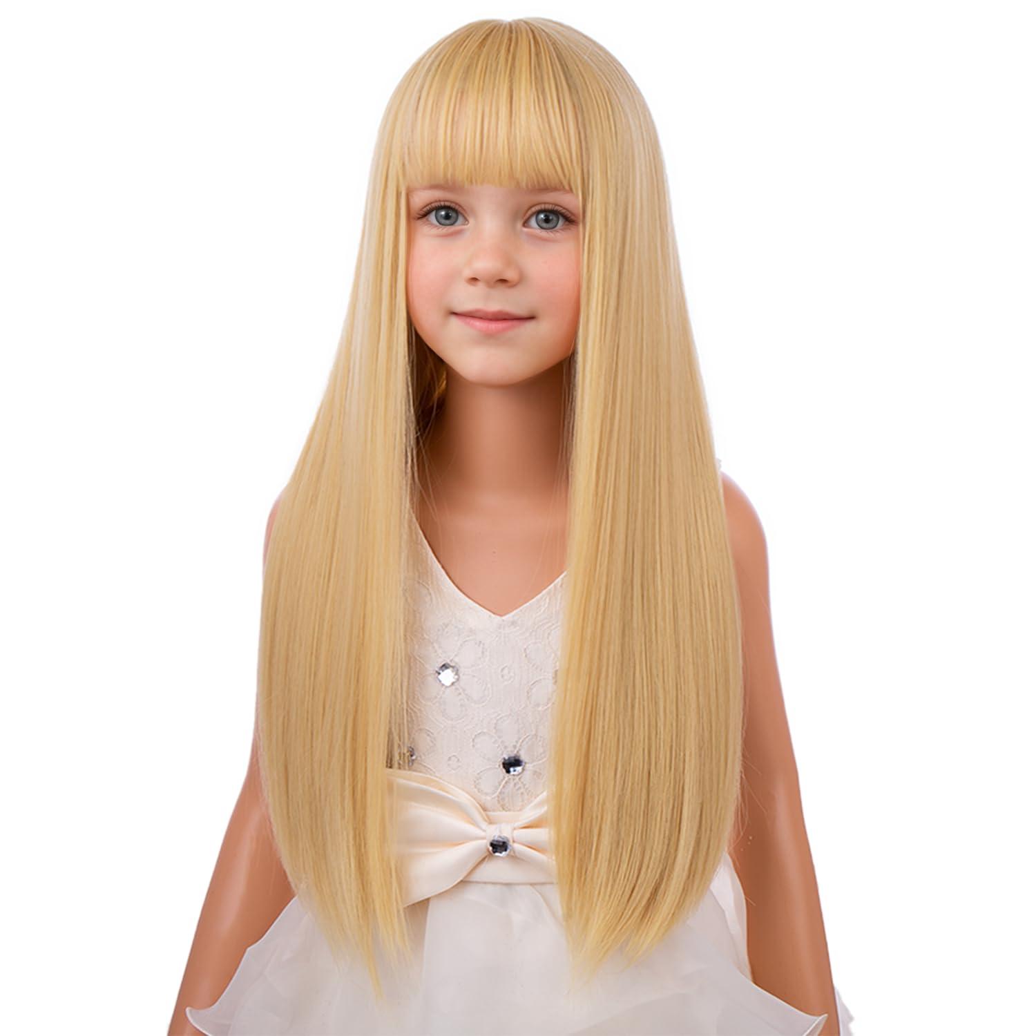 image:imageLong Black Wig with Bangs for Kids Girls Black Straight Long Wigs Synthetic Cosplay Party Synthetic Rose Net WigMixed Blonde
