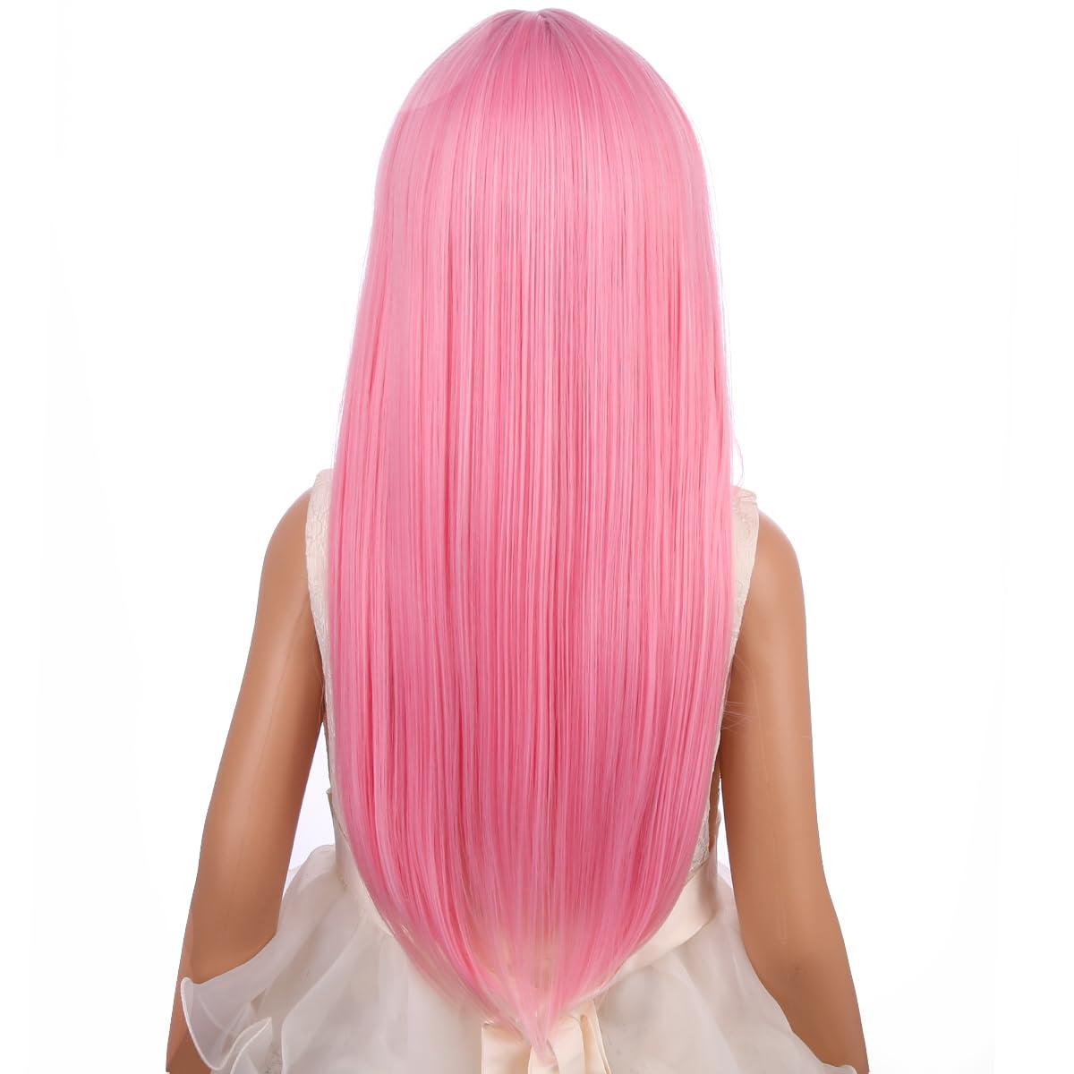 image:imageLong Black Wig with Bangs for Kids Girls Black Straight Long Wigs Synthetic Cosplay Party Synthetic Rose Net WigPink