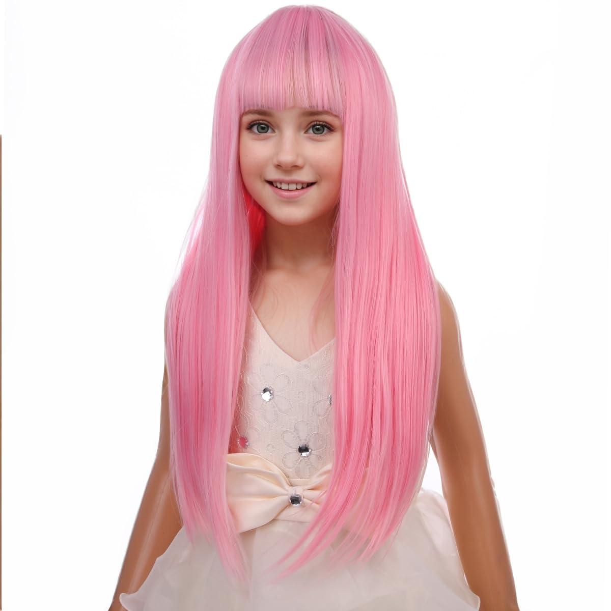image:imageLong Black Wig with Bangs for Kids Girls Black Straight Long Wigs Synthetic Cosplay Party Synthetic Rose Net WigPink