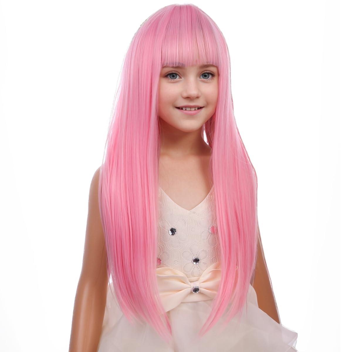 image:imageLong Black Wig with Bangs for Kids Girls Black Straight Long Wigs Synthetic Cosplay Party Synthetic Rose Net WigPink