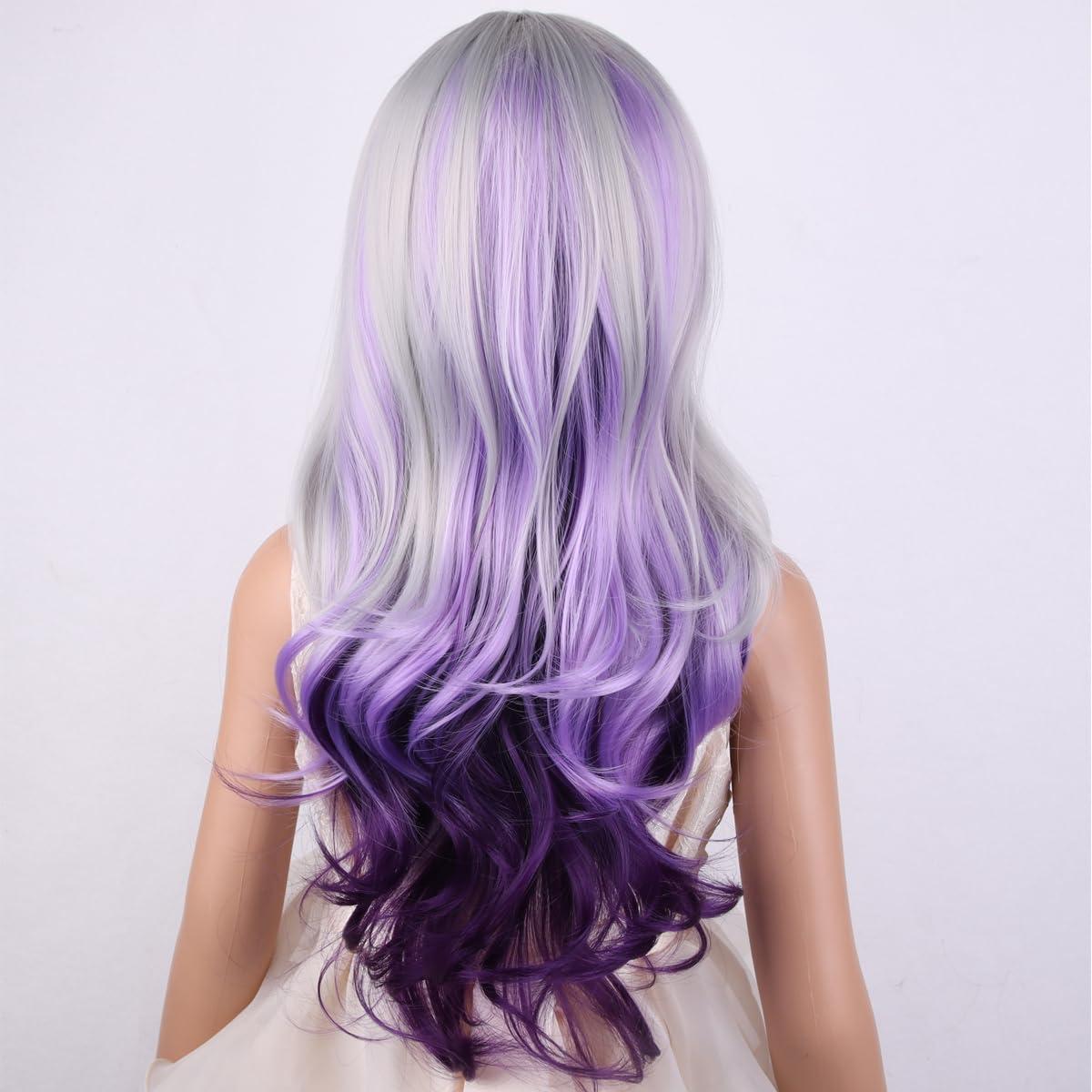 image:imageSilver Gray Wig Long Curly Wavy Gray Wigs Women Middle Part Synthetic WigsSilver Gray Mixed Purple