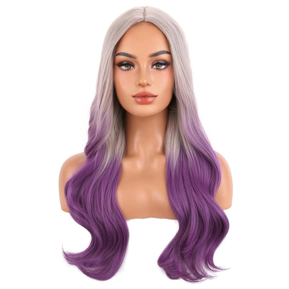 image:imageSilver Gray Wig Long Curly Wavy Gray Wigs Women Middle Part Synthetic WigsSilver Gray Mixed Purple