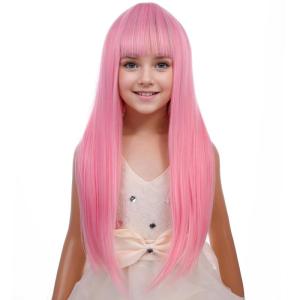 Long Black Wig with Bangs for Kids Girls Black Straight Long Wigs Synthetic Cosplay Party Synthetic Rose Net Wig(Pink)