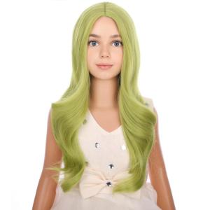 Silver Gray Wig Long Curly Wavy Gray Wigs Women Middle Part Synthetic Wigs(Olive Green)