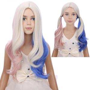 Silver Gray Wig Long Curly Wavy Gray Wigs Women Middle Part Synthetic Wigs(Pink Blue)