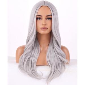 Silver Gray Wig Long Curly Wavy Gray Wigs Women Middle Part Synthetic Wigs(Silver Gray)