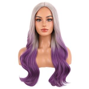 Silver Gray Wig Long Curly Wavy Gray Wigs Women Middle Part Synthetic Wigs(Silver Gray Mixed Purple)