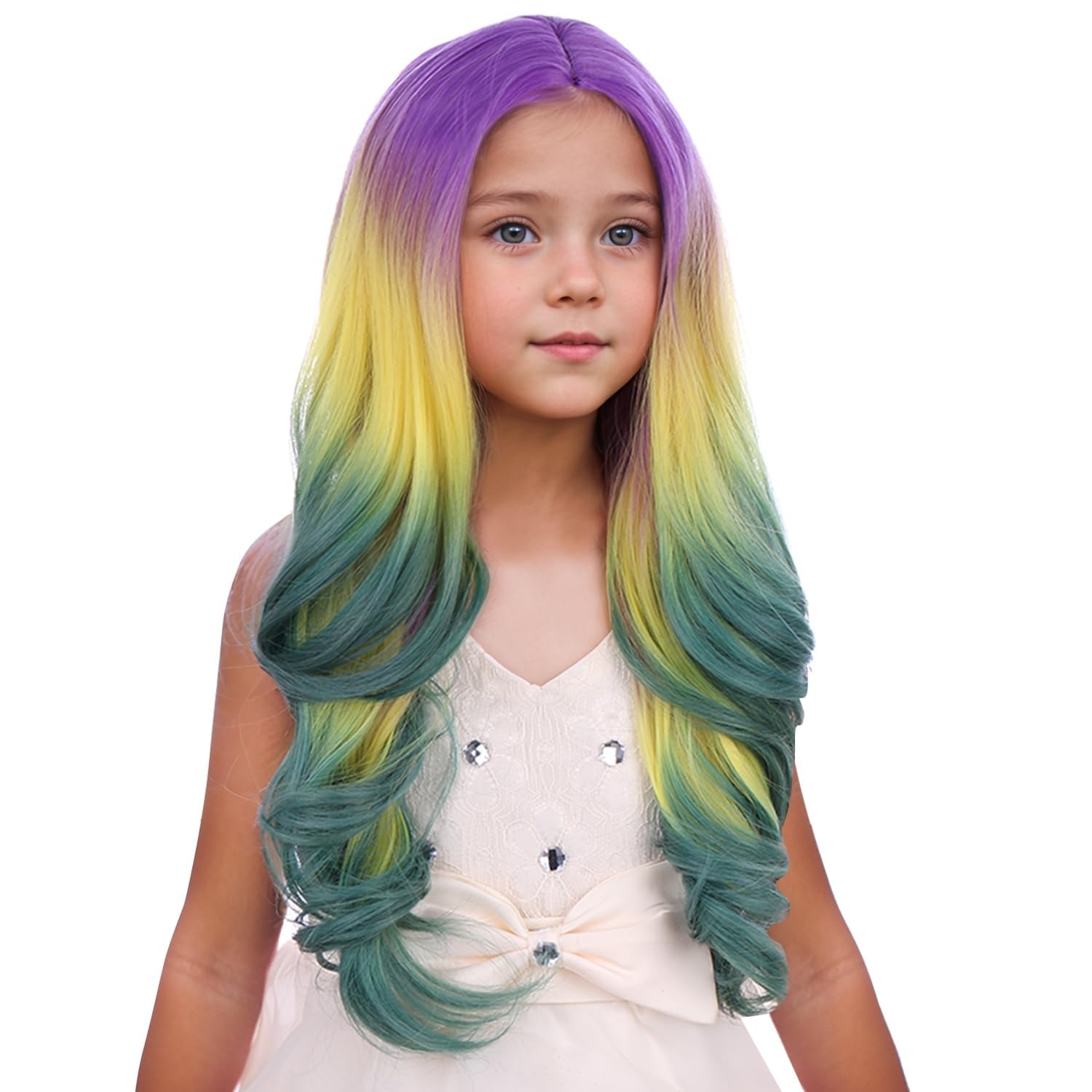 image:imagePATTNIUM Yellow Wig for Kids Girls Long Wavy Curly Wig Yellow Middle Part Wigs Synthetic Costume Halloween Cosplay WigsPurple Yellow Green Ombre