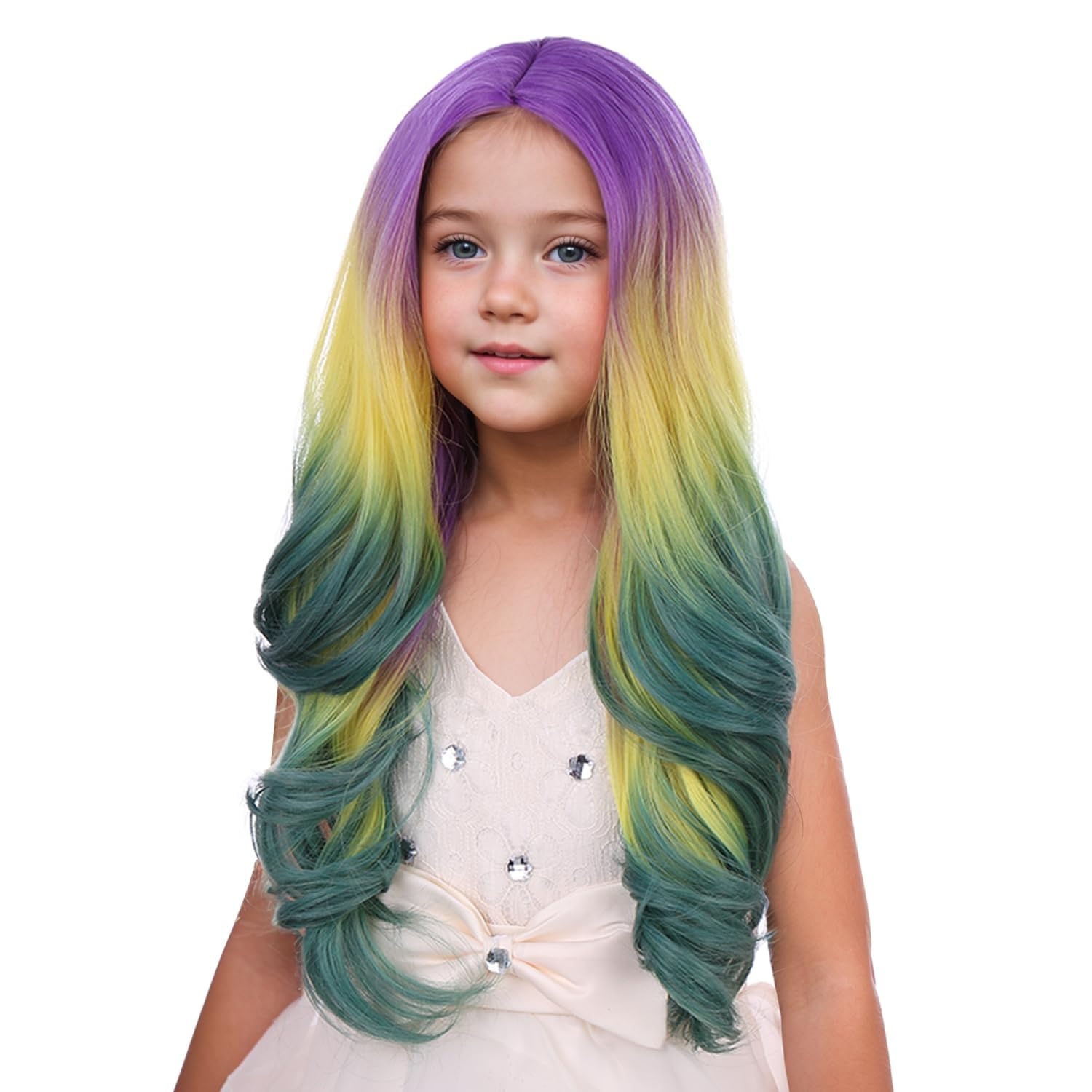 image:imagePATTNIUM Yellow Wig for Kids Girls Long Wavy Curly Wig Yellow Middle Part Wigs Synthetic Costume Halloween Cosplay WigsPurple Yellow Green Ombre