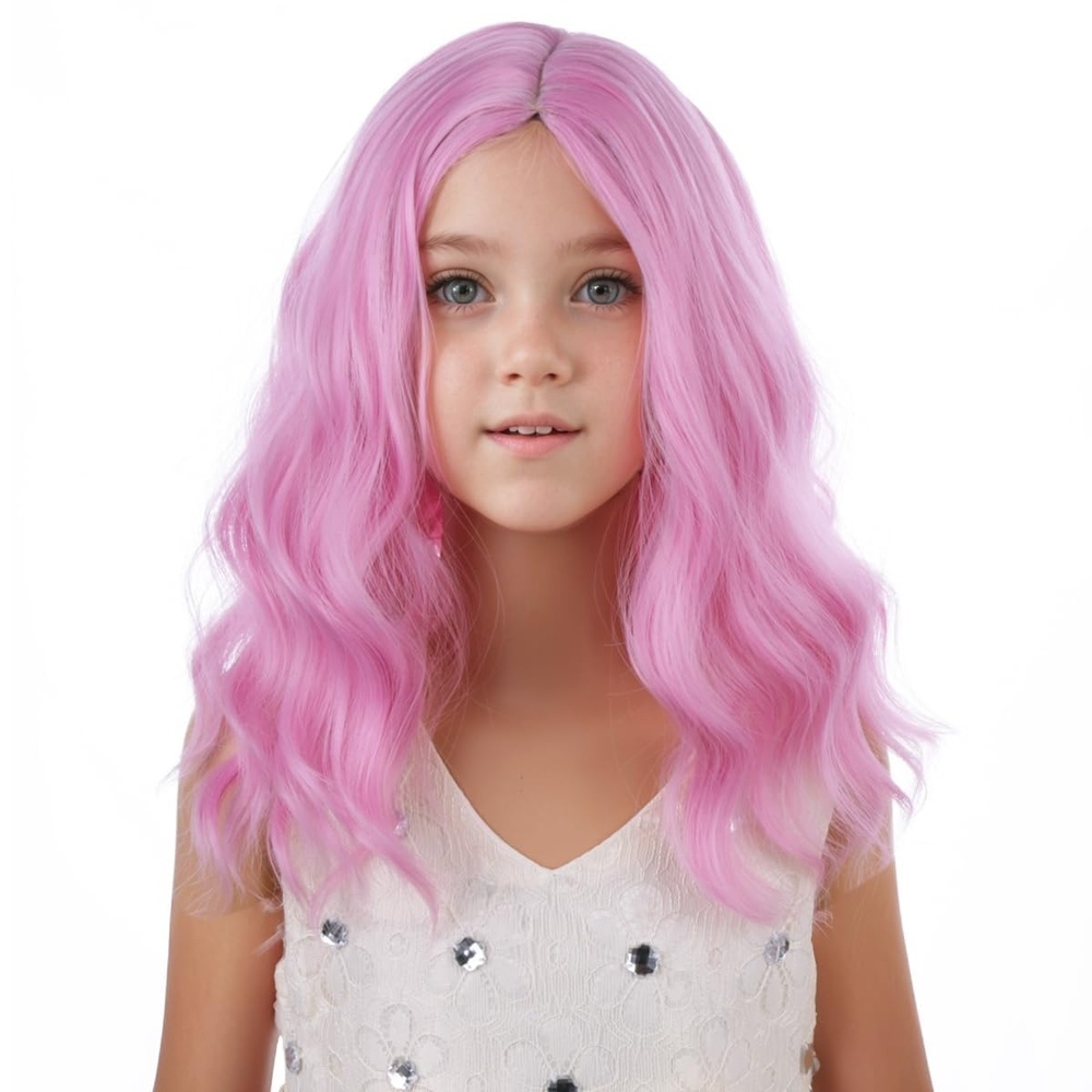 image:imagePATTNIUM Teal Blue Wig for Kids Girls Short Blue Wavy Curly Wigs Child Bob Side Part Wig Synthetic Cosplay Party Halloween WigsBright Pink