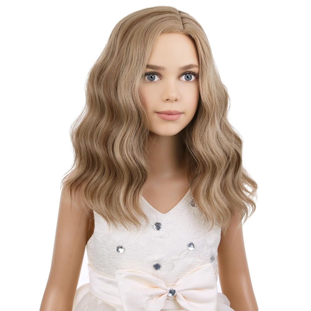 image:imagePATTNIUM Teal Blue Wig for Kids Girls Short Blue Wavy Curly Wigs Child Bob Side Part Wig Synthetic Cosplay Party Halloween WigsBrown Blonde