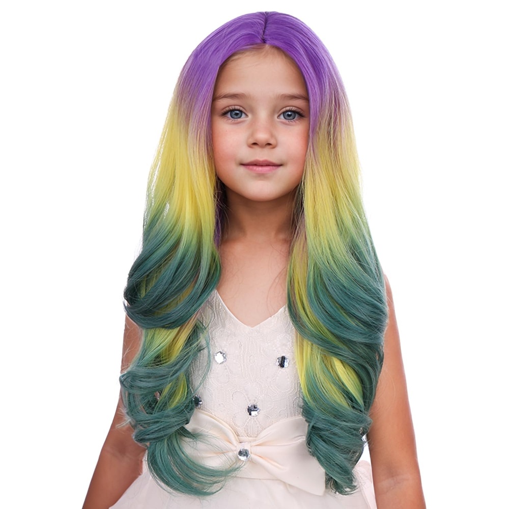 image:imagePATTNIUM Yellow Wig for Kids Girls Long Wavy Curly Wig Yellow Middle Part Wigs Synthetic Costume Halloween Cosplay WigsPurple Yellow Green Ombre