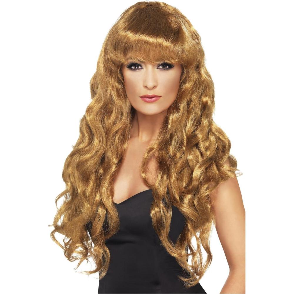 imageSmiffys Perruque de sirne noire cheveux longs boucls avec frange HalloweenMarron