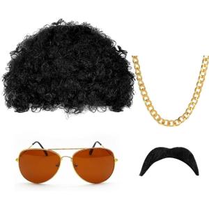 4 Pièces Hippie Perruque Set Ensemble de Costume Hippie, Perruque Afro Funky, Accessoires Hippie, Deguisement Annee 80/90 Homme, Deguisement Hip Hop pour Halloween Fêtes Carnaval (4 Pièces)(4 Pièces)