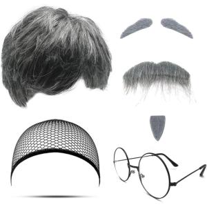 7 Pièces Set de Costume de Grand-père Accessoires de Costume de Aîné Perruque de Grand-père Perruque Homme Perruque de Papy pour Halloween Noël Jeux de Rôle Fêtes à Thème(Old Man Set)