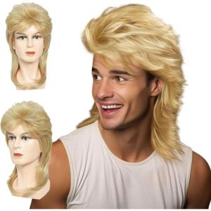 Perruque Mulet Homme Blond, Homme Perruque des Années 80, Longue Bouclée Perruques de Cheveux, Années 90s Déguisement Perruques Cosplay Party pour Carnaval Halloween (Blonde)(Blonde)