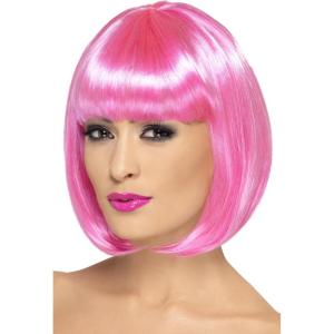 Smiffys Perruque Partyrama, 12 pouces, rose, bob court avec frange Halloween(Rose)