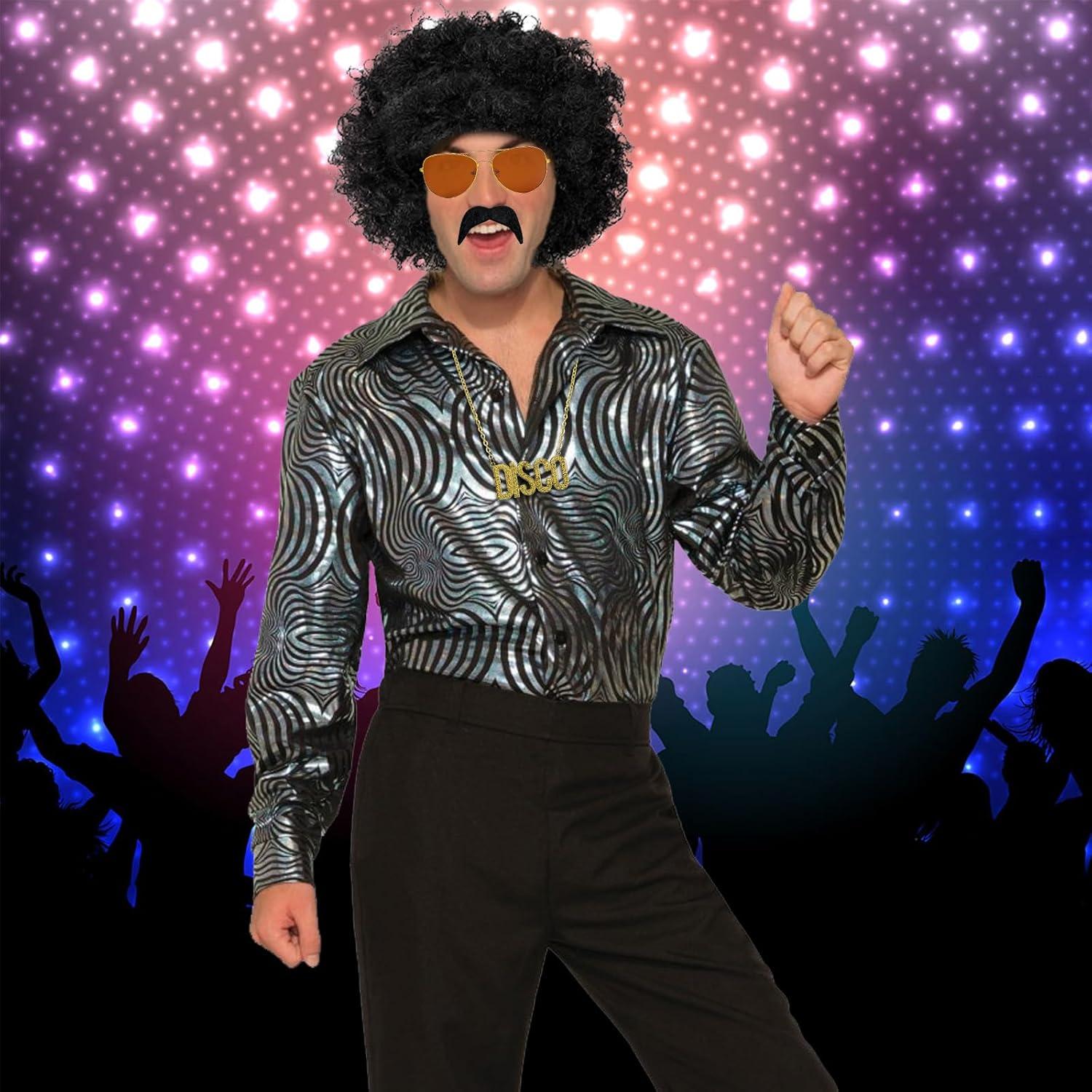 image4 Pcs Ensemble de Costume Hippie Perruque Afro Deguisement Homme Deguisement Annee 80 Costume Set pour Halloween Ftes CarnavalMulticolore