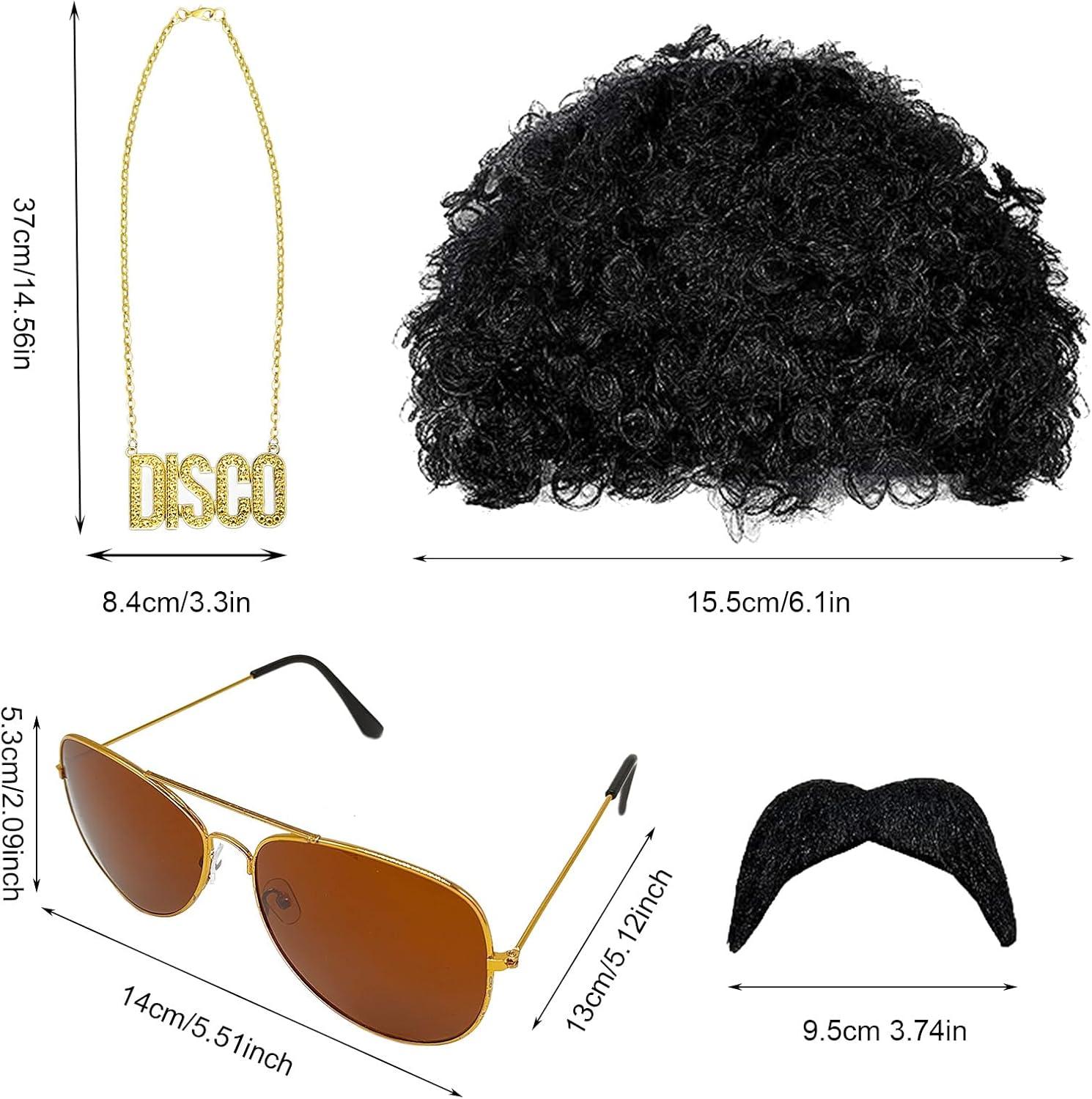 image4 Pcs Ensemble de Costume Hippie Perruque Afro Deguisement Homme Deguisement Annee 80 Costume Set pour Halloween Ftes CarnavalMulticolore