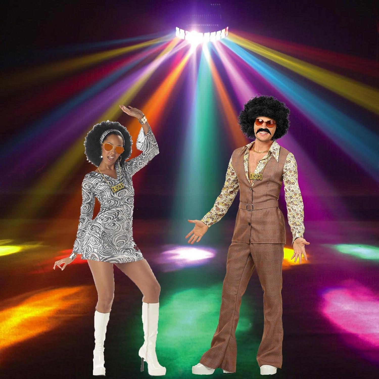 image4 Pcs Ensemble de Costume Hippie Perruque Afro Deguisement Homme Deguisement Annee 80 Costume Set pour Halloween Ftes CarnavalMulticolore