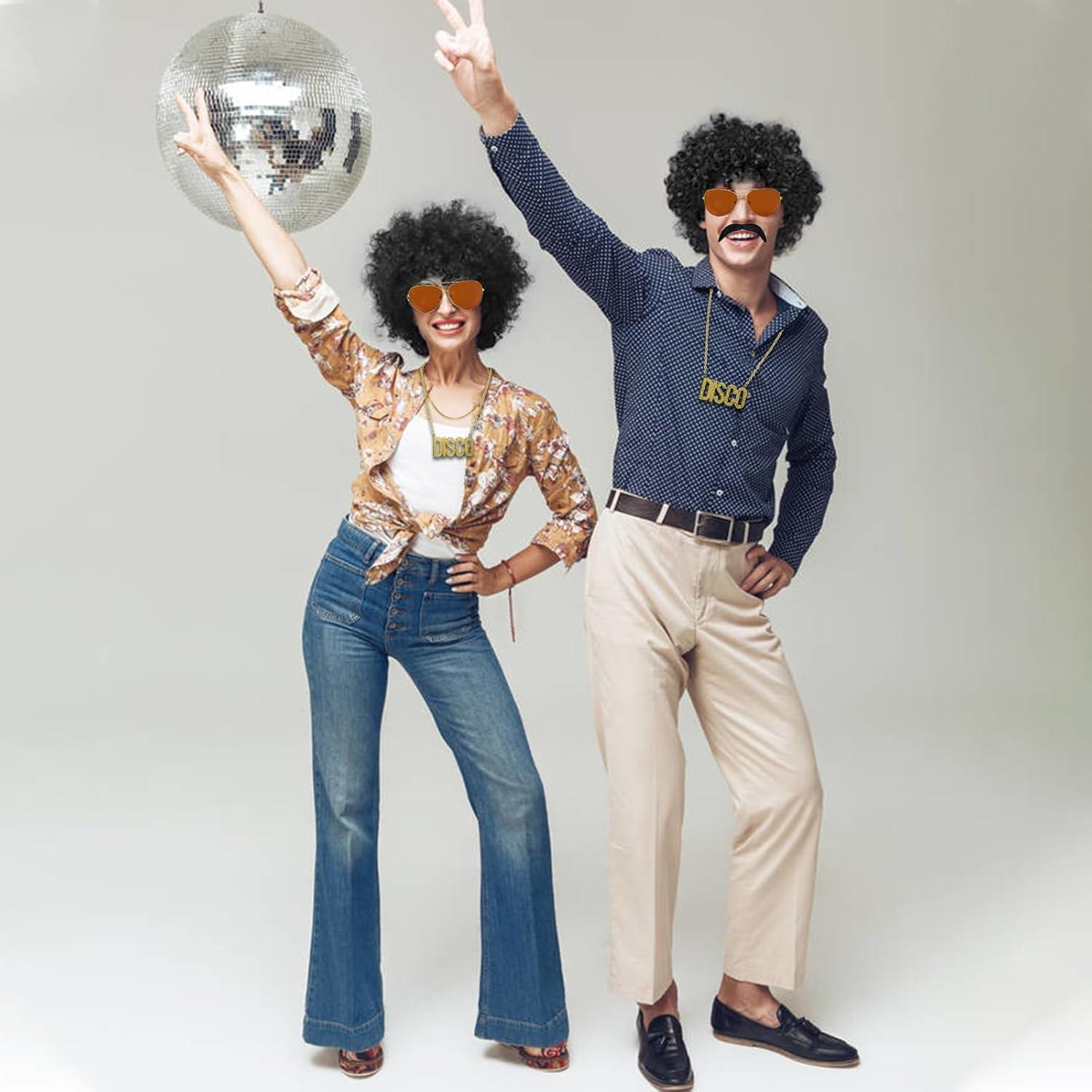 image4 Pcs Ensemble de Costume Hippie Perruque Afro Deguisement Homme Deguisement Annee 80 Costume Set pour Halloween Ftes CarnavalMulticolore