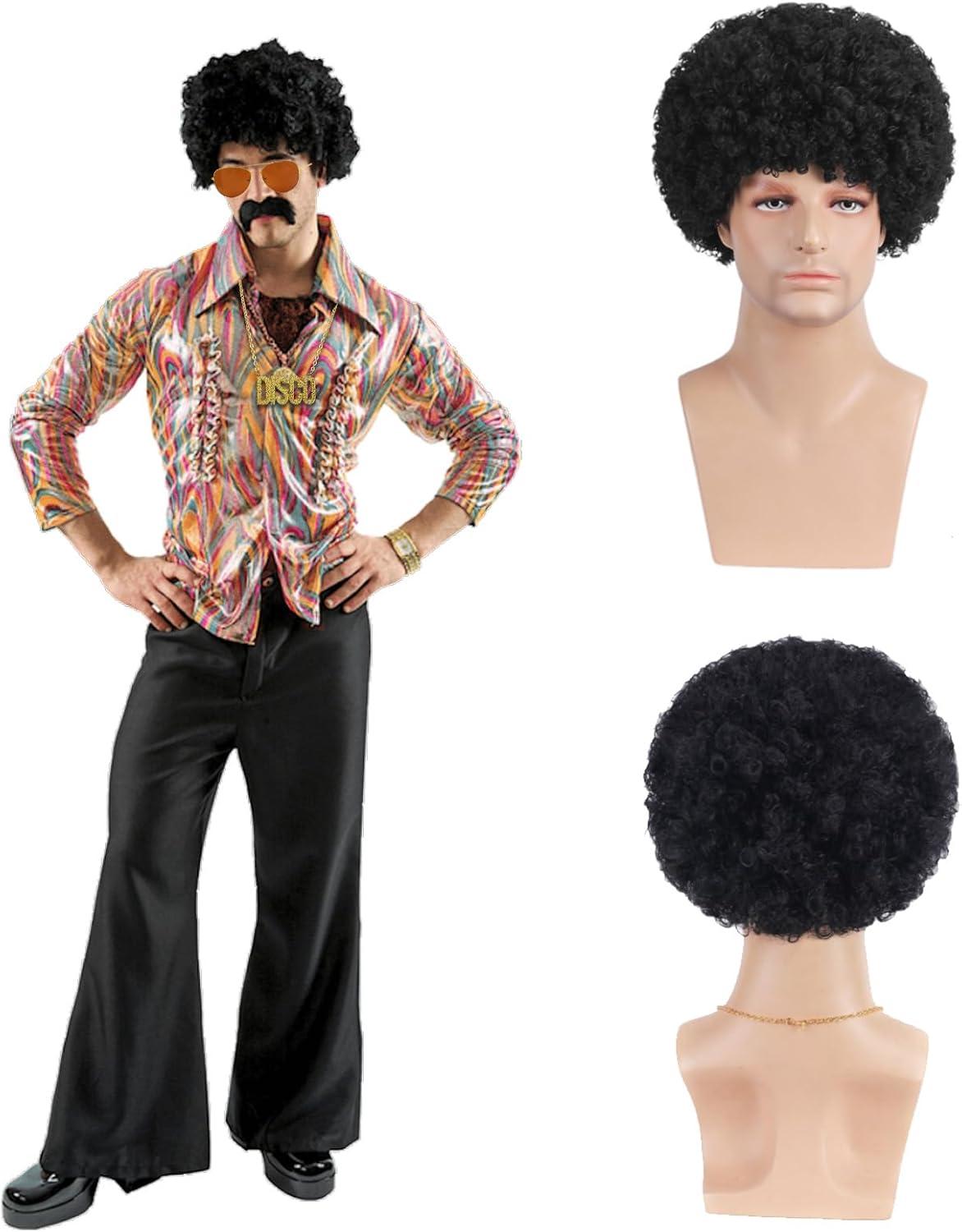image4 Pcs Ensemble de Costume Hippie Perruque Afro Deguisement Homme Deguisement Annee 80 Costume Set pour Halloween Ftes CarnavalMulticolore