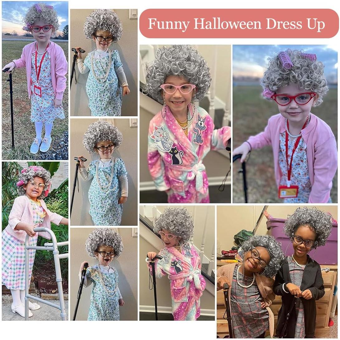 imageEnsemble de dguisement pour vieille femme ensemble de perruque grise avec perruque grandmre lunettes avec chane bonnet de perruque pour Halloween