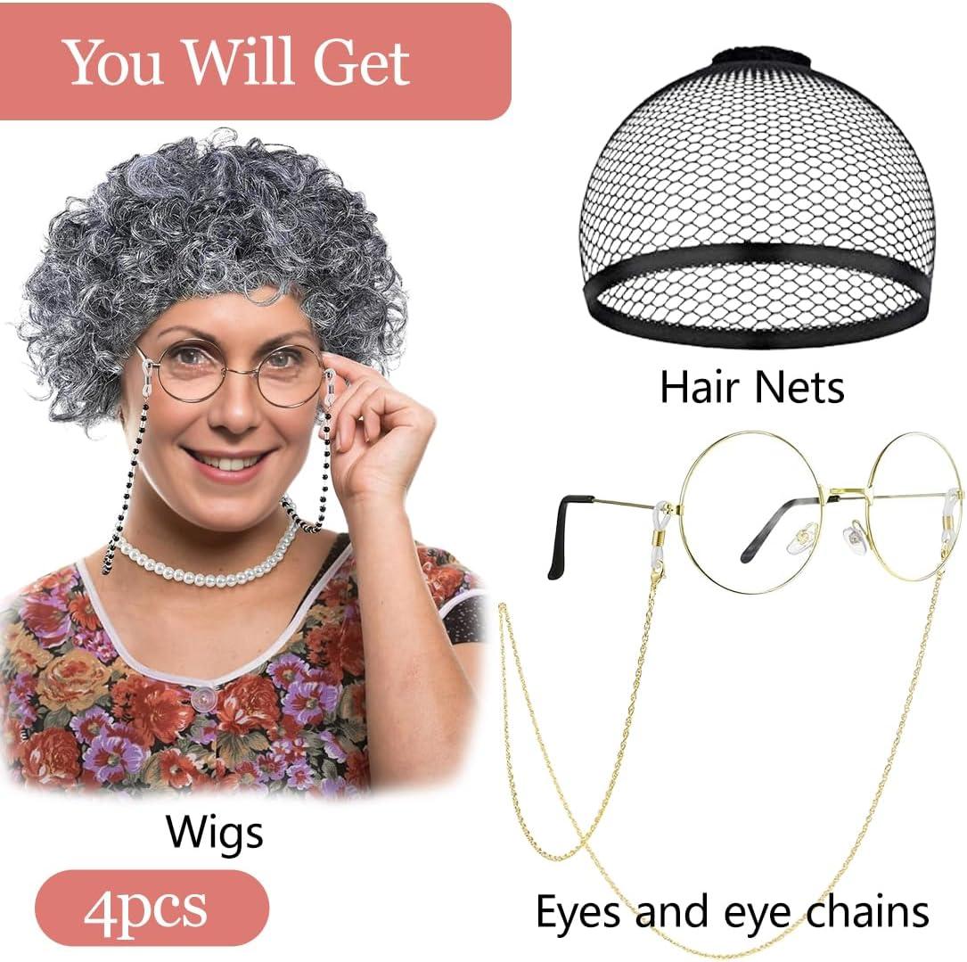 imageEnsemble de dguisement pour vieille femme ensemble de perruque grise avec perruque grandmre lunettes avec chane bonnet de perruque pour Halloween