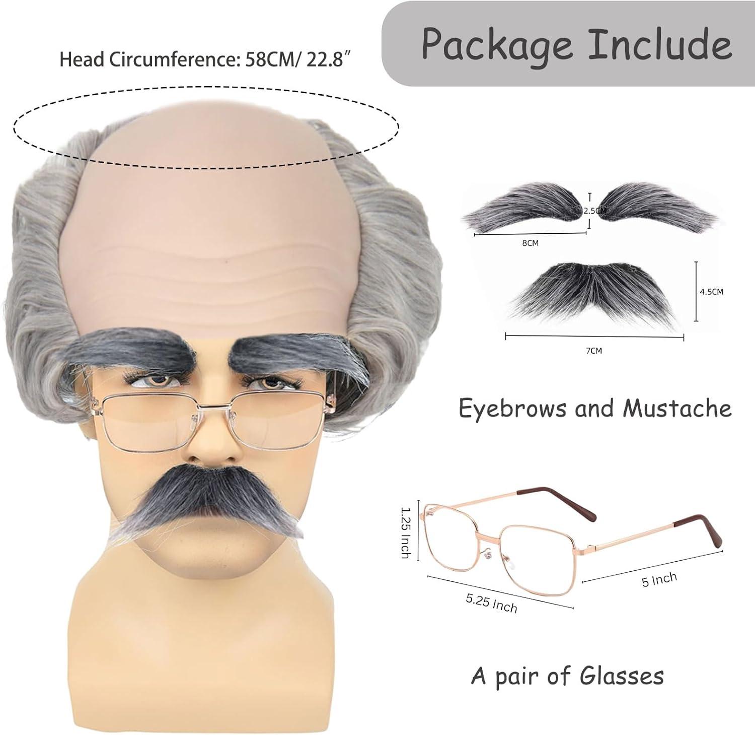 imagePerruque Vieux Homme Deguisement Adultes Gris Boucl Perruque Chauve Vieux Lunettes Fausse Barbe Sourcils Bonnet Chauve en Latex Grand pre Accessoire Halloween Ftes Costume GrisGris