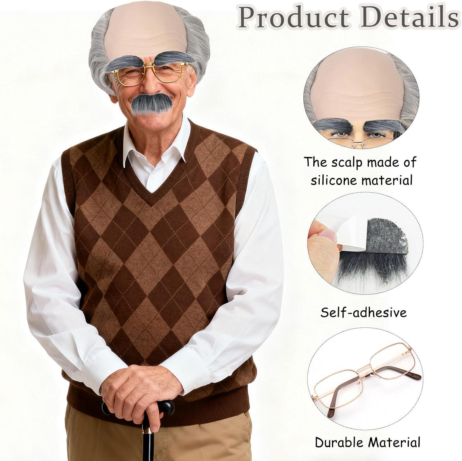 imagePerruque Vieux Homme Deguisement Adultes Gris Boucl Perruque Chauve Vieux Lunettes Fausse Barbe Sourcils Bonnet Chauve en Latex Grand pre Accessoire Halloween Ftes Costume GrisGris