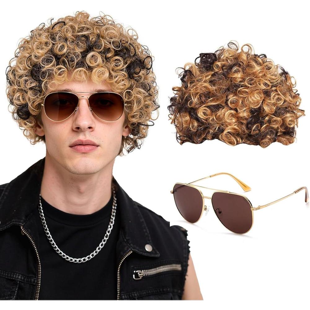 image2 Pices Perruque Afro Deguisement Hippie Homme Perruque Hippie Costume Annees 70 80 Perruques Marron Or Homme Costume pour Carnaval Halloween Deguisement Disco Cosplay de MascaradeMarron