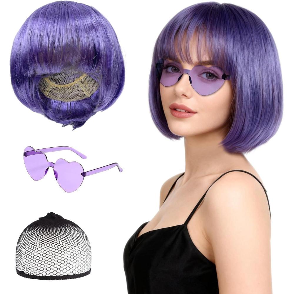 image3 Pices Perruque Violet Femmes Perruque Bob avec Frange Cheveux Synthtiques avec Bonnet et Lunettes de Soleil Fte Thme Carnaval Soire Dguise VioletViolet