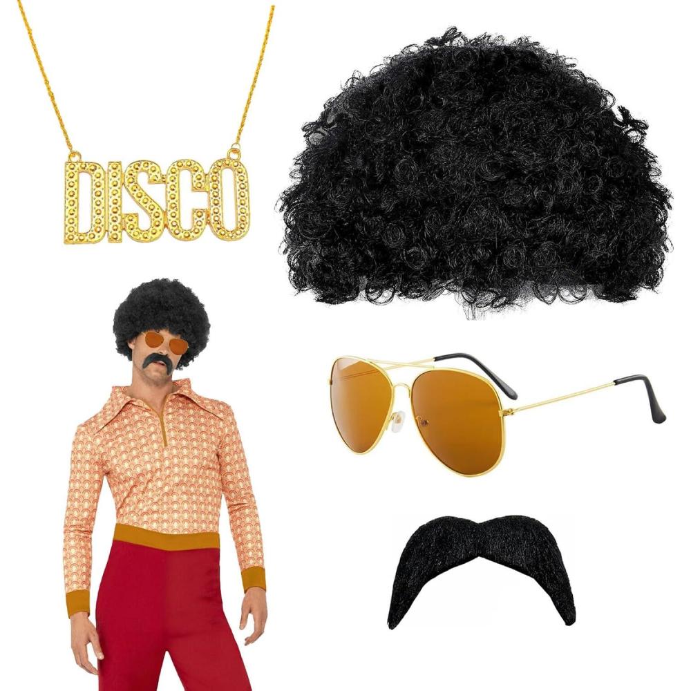 image4 Pcs Ensemble de Costume Hippie Perruque Afro Deguisement Homme Deguisement Annee 80 Costume Set pour Halloween Ftes CarnavalMulticolore