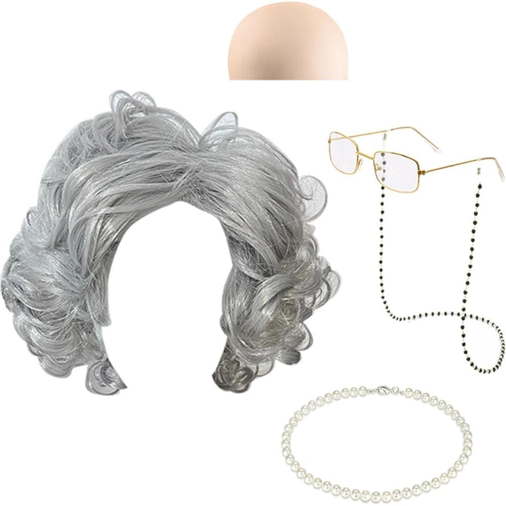 image5 Pcs Dguisement de Vieille Dame Perruque GrandMre Perruque Vieille Dame avec Bonnet Perruque Lunettes GrandMre Chane Lunettes Collier Perles pour Halloween Cosplay de MamieGris