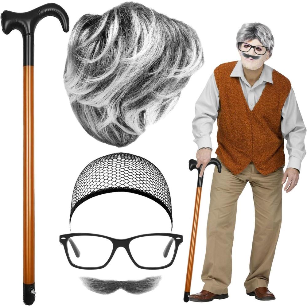 image5 Pices Set de Costume de GrandPre Perruque Homme Fausse Moustache Bonnet de Perruque Lunettes Canne Gonflable GrandPres Cosplay pour Halloween Carnaval Mardi Gras