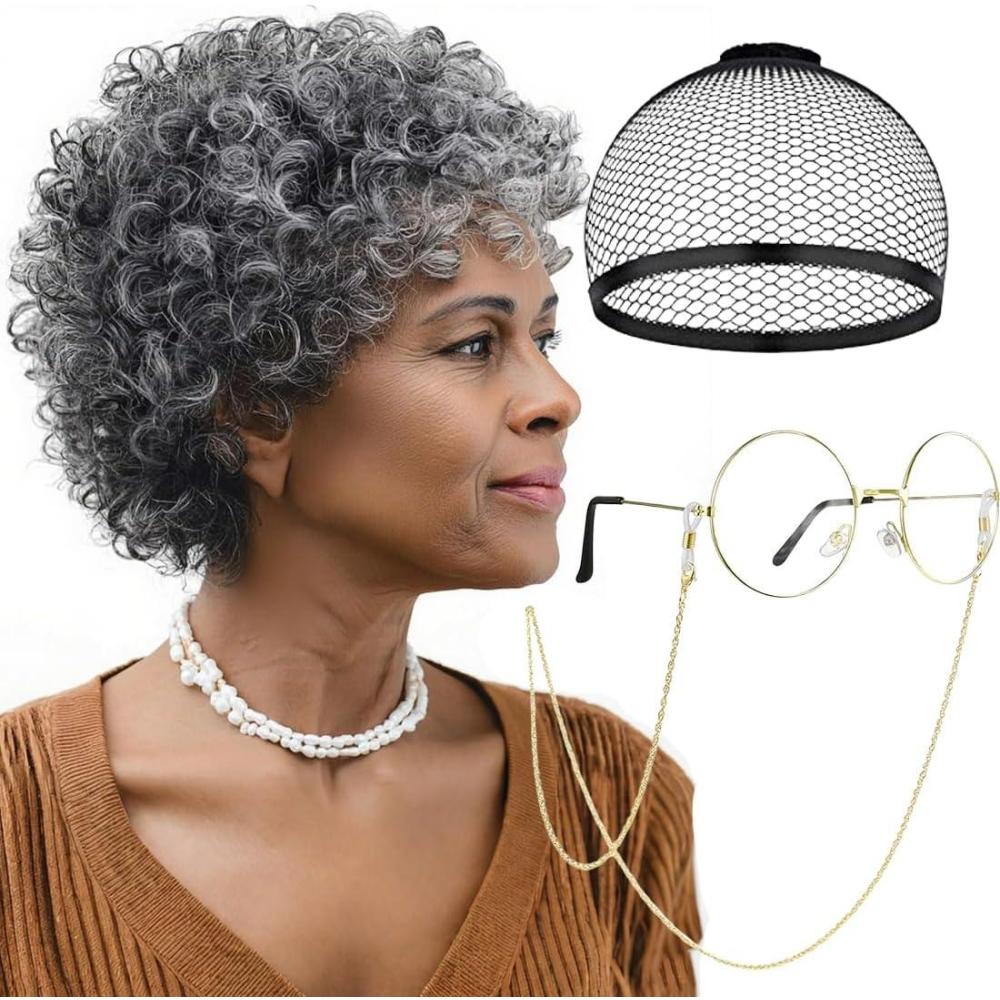 imageEnsemble de dguisement pour vieille femme ensemble de perruque grise avec perruque grandmre lunettes avec chane bonnet de perruque pour Halloween