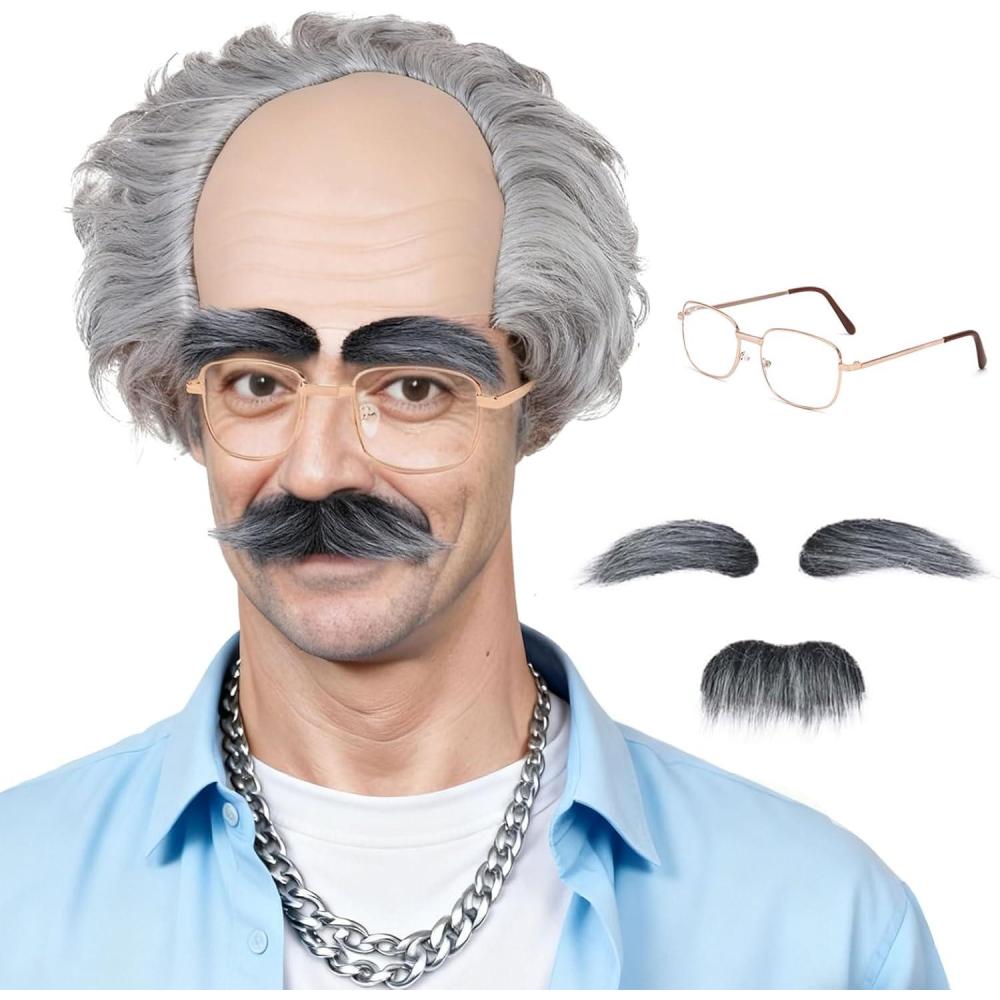 imagePerruque Vieux Homme Deguisement Adultes Gris Boucl Perruque Chauve Vieux Lunettes Fausse Barbe Sourcils Bonnet Chauve en Latex Grand pre Accessoire Halloween Ftes Costume GrisGris