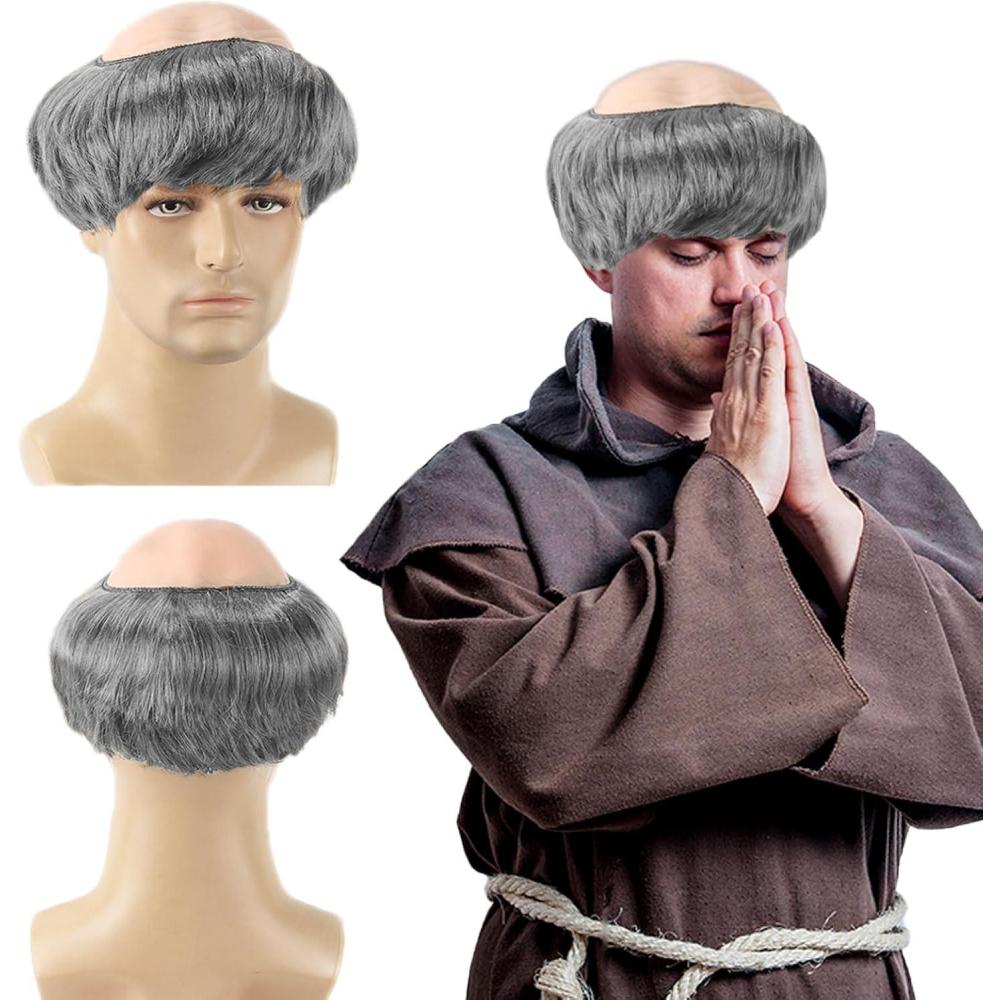 imagePerruque pour Adulte Moine Hommes Gris Perruque de Moine avec Tonsure Perruques Bonnet Chauve en Latex Perruques de Prtre Carnaval Halloween de Dguisement GrisGris