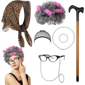 Déguisement Vieux, Perruque Vieille Dame Lunettes avec Chaîne Collier de Perles Accessoires, Deguisement Drole Femme Ehpad pour Enfant Adulte Halloween Cosplay Carnaval(Bouclés)